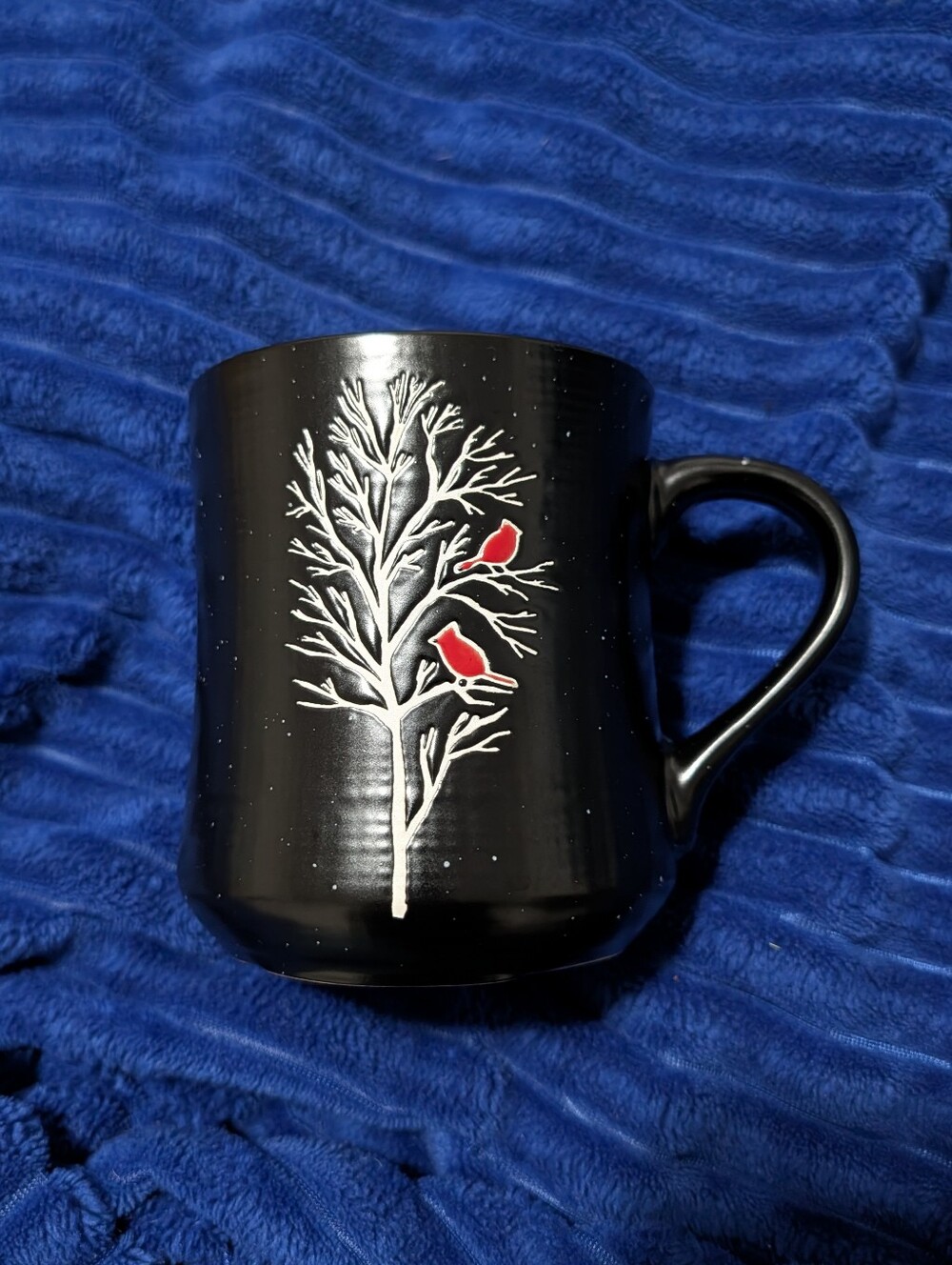 Peppermint and Pine Ceramic Mug Bird Tree Night Sky Winter Black White Red